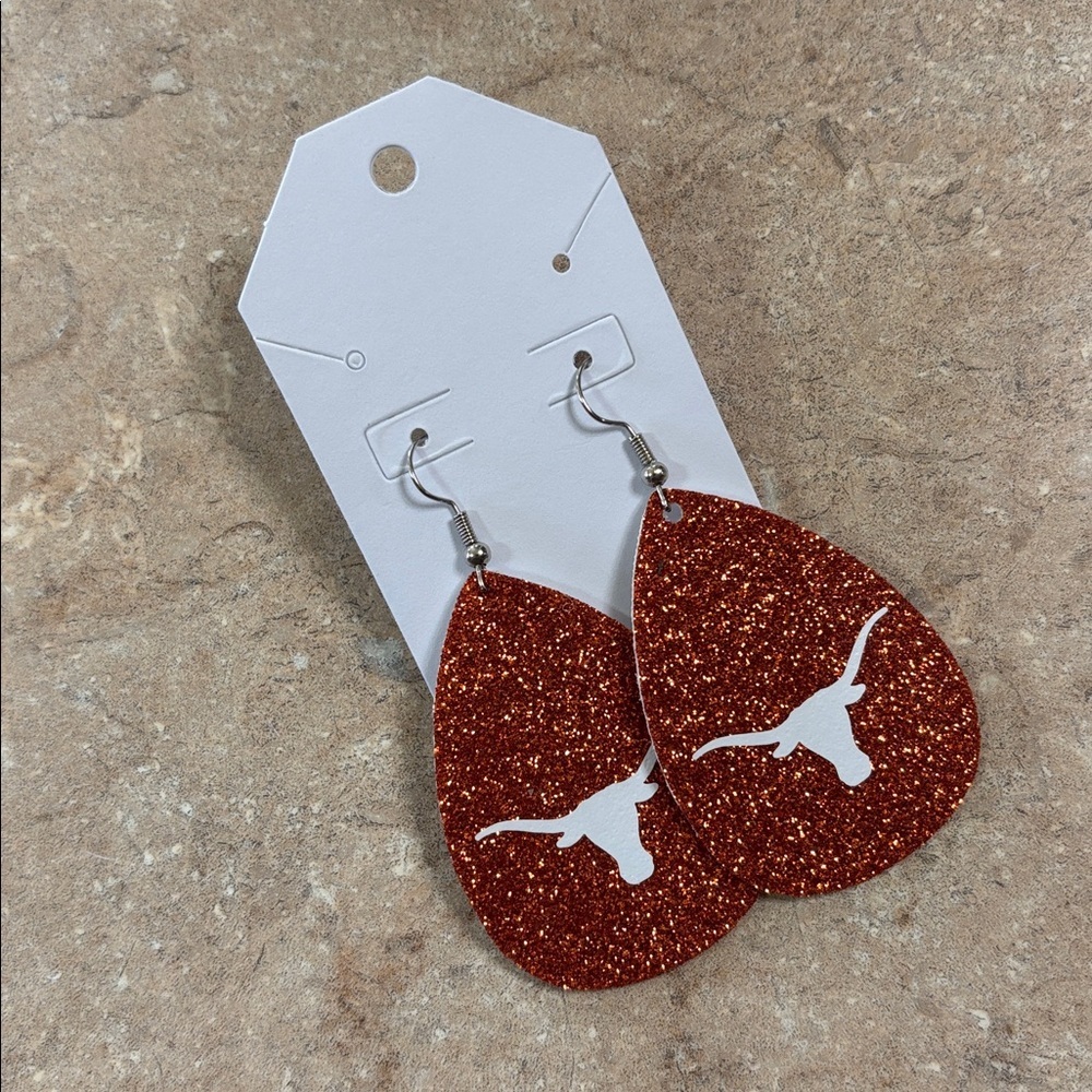 Handmade 2.5” Faux Leather Glitter Texas Longhorn Teardrop Earrings NEW - Picture 2 of 5